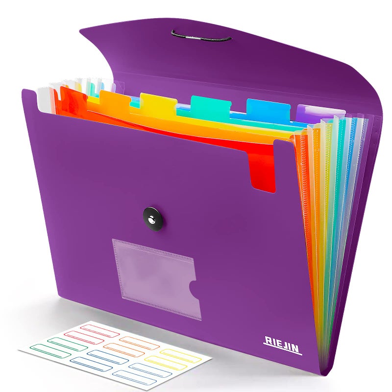RIEJIN Accordian File Organizer 7 Pocket Expanding File Folder with Labels, Plastic Expandable File Folder for Documents Letter Size A4 Papers - Purple - Image 1